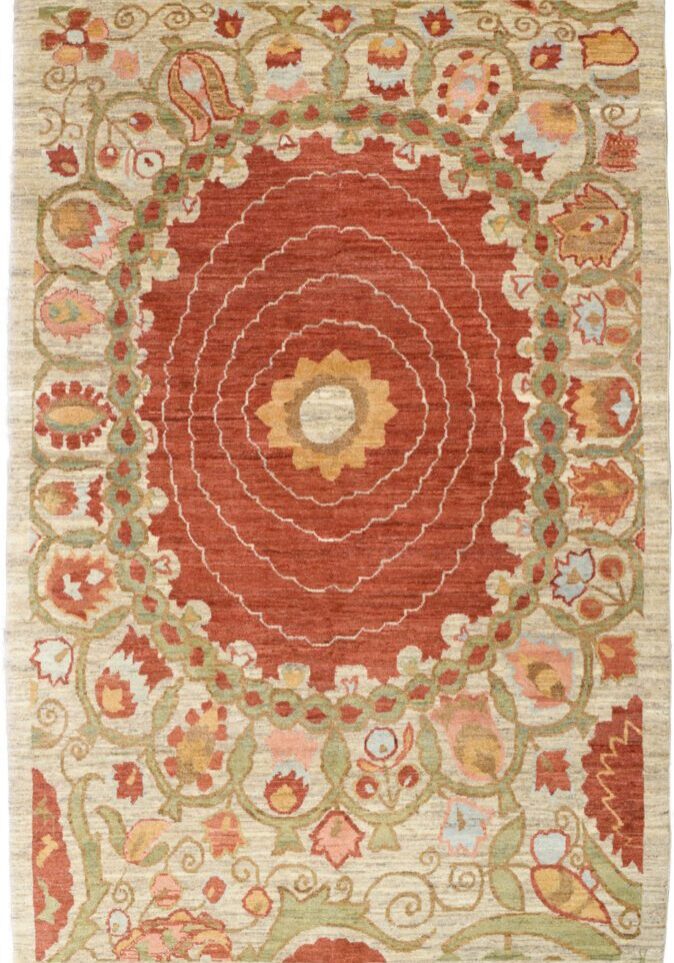 Hand-knotted 4x6 Persian wool rug featuring a terracotta red central medallion with scrolling floral vines and a decorative border in sage green, cream, and soft gold.