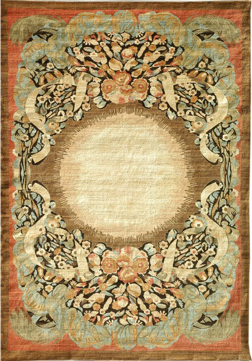 Spring Sunrise - Contemporary Light Green, Cream, and Rose red Arts and Crafts Contemporary Carpet - 10x14