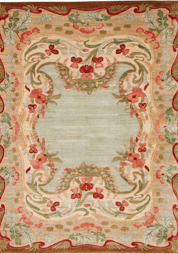 Floral pink, green and cream wool contemporary art nouveau Persian carpet measuring 10'x14'