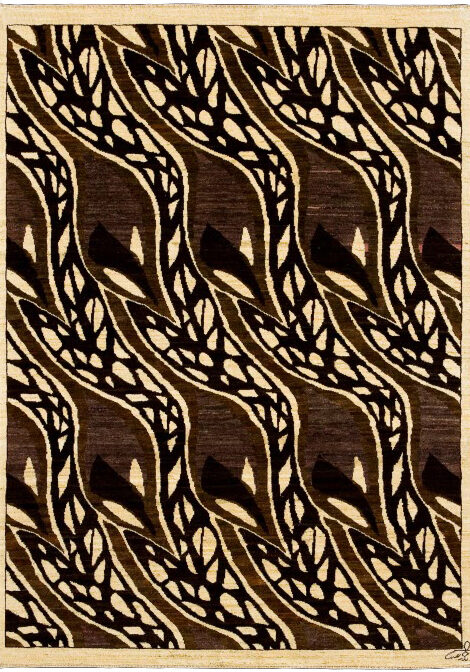 Persian Wool Area Rug Handmade Dancing Tulips Pattern Vegetable Dyed Artisanal Cream & Brown Art Deco Contemporary Design