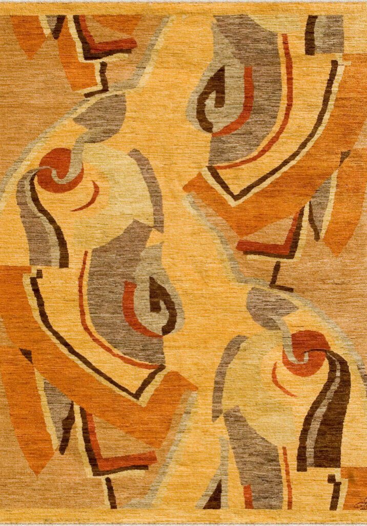 Fine Handknotted Heirloom Quality Persian Area Rug Cubist Dance Gold and Orange Abstract 5x7 Sustainable and Organic Process