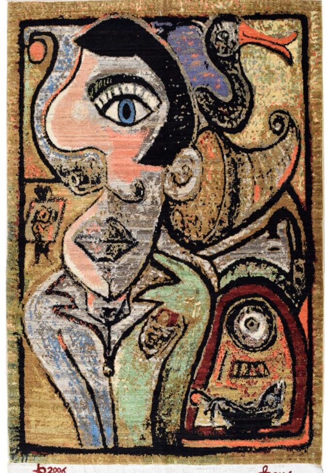 Hand knotted Persian rug, 4' x 6,' in shades of black, blue, pink, red, gray, green, and purple wool. Soft and durable due to organic wool.