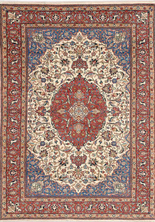 Hand-knotted Persian rug vegetable-dyed Isfahan design, artisan crafted formal traditional organic raw materials red and blue