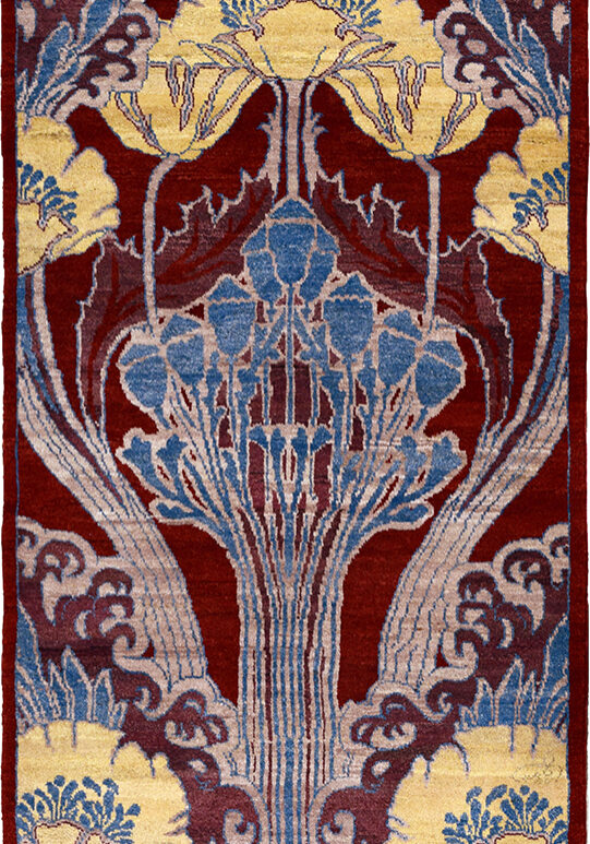 Chic hand-knotted sustainable artisan-crafted wool rug in burgundy blue and gold with intricate Art Nouveau-inspired pattern