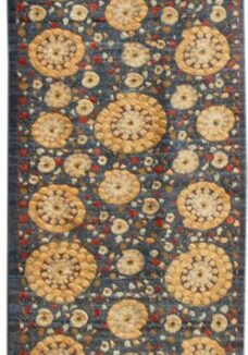 Blue red and cream abstract galaxy runner, glimmer, artisan hand-knotted rug in vegetable dyed, handspun pure wool and silk