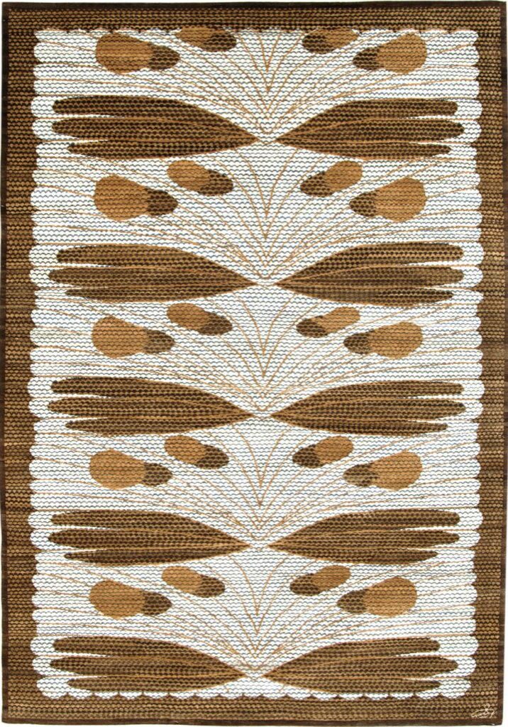 Cream, brown, and black abstract contemporary hand knotted wool Persian carpet, 6' x 9.' Soft and durable, made with organic wool.