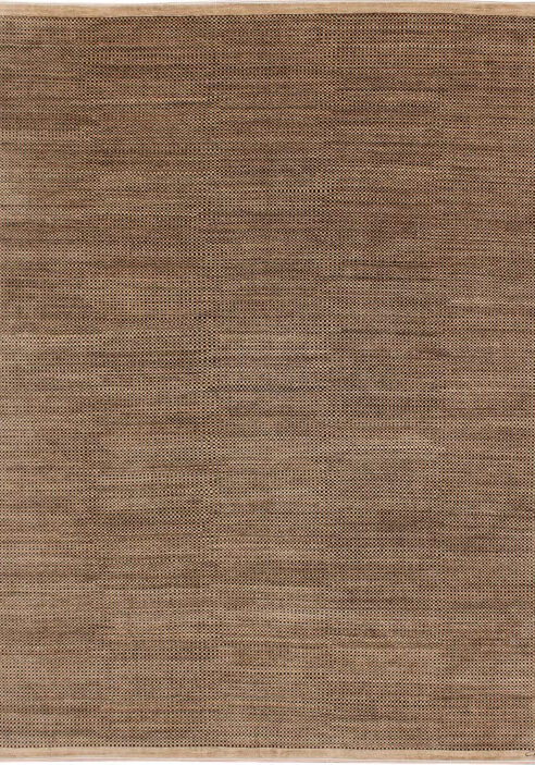 9' x 12' contemporary Persian carpet in neutral brown and beige tones with an architectural design, simple yet sophisticated.