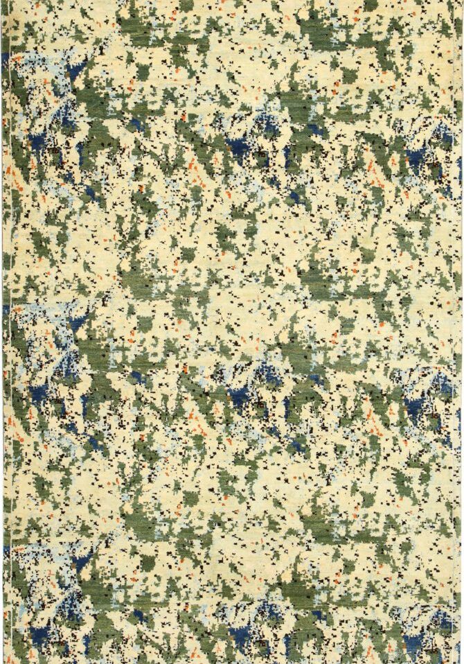 Abstract Green and Cream Aspen Handknotted Wool Carpet