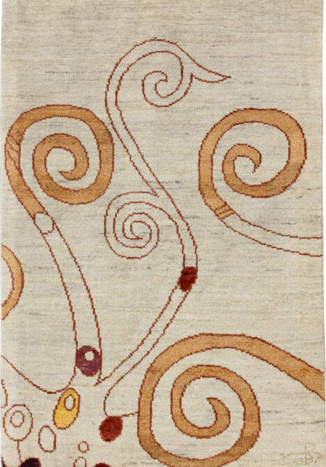 Cream and taupe art nouveau hand knotted Persian rug measuring 2' x 3'. Hand knotted in organic wool.