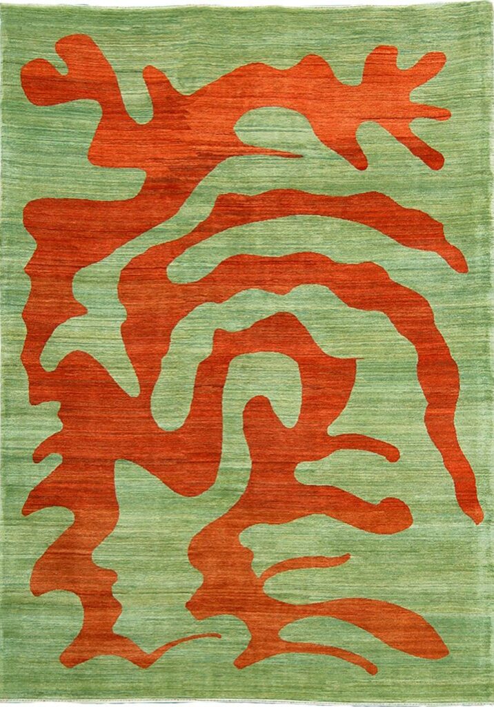 Smoke and Fire - Contemporary Abstract carpet in Green and Orange wool - 6'x9' - Overall Carpet Photo