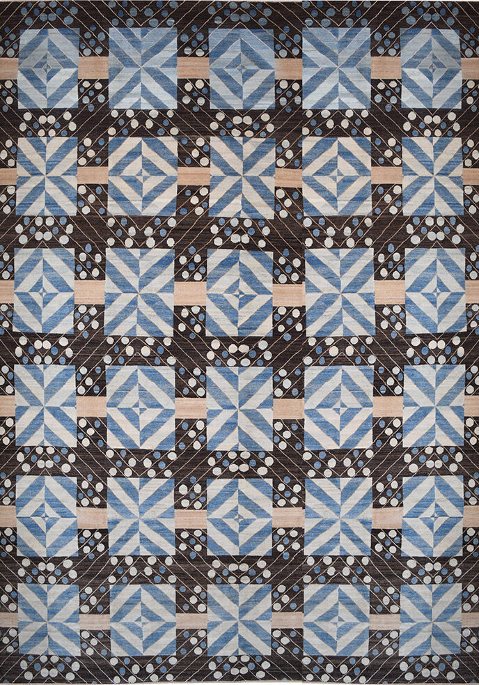 Arts and Crafts geometric quilt rug in pure wool using persian ancient handknotting techniques in vibrant blue and brown