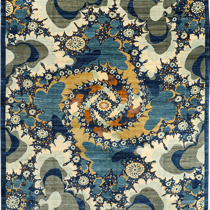 Galaxy Series carpet from Orley Shabahang featuring fractals in blue and cream, titled Nocturne