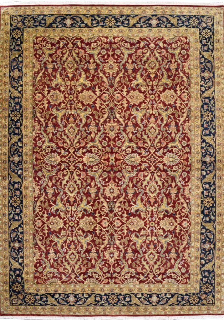 Romantic Red, Taupe, and Indigo Hand-knotted Lavar Carpet – 6’x9'. Overall carpet photo.