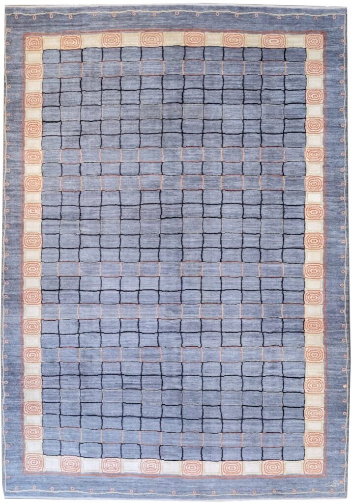 Orley Shabahang’s “Ionic Gabbeh” Geometric & Versatile Shag Carpet in Gray and Cream. Overall carpet photo.